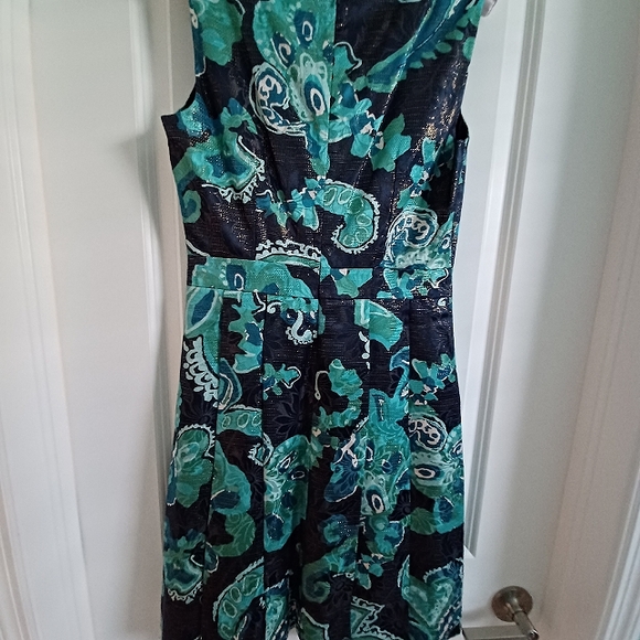Tory Burch Black, Blue & Teal Sleeveless Silk Blend Fit & Flare Dress Si… - Picture 13 of 16